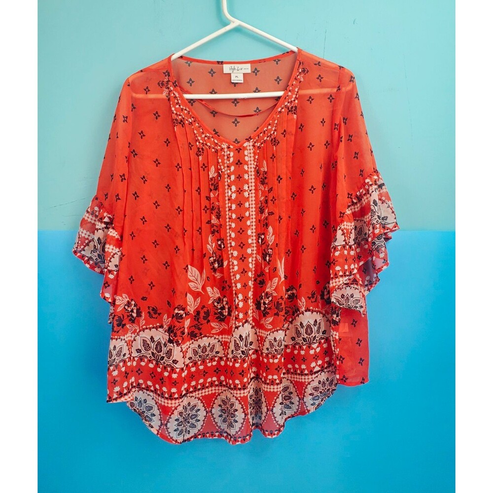 Style & Co Petite Top PL Womens Orange Floral Boho Peasant Blouse Pleated